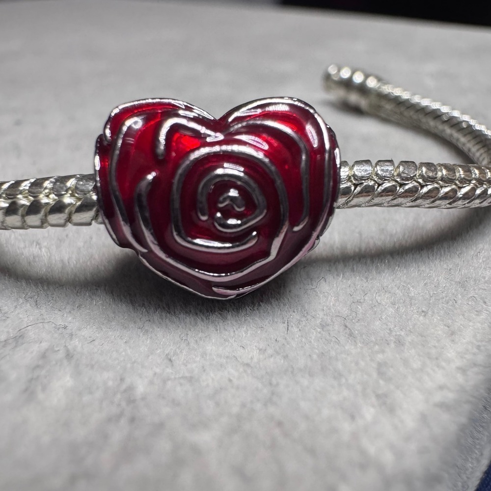 Heart Rose Charm Bead Red Enamel Silver Tone fits Pandora - Picture 8 of 11
